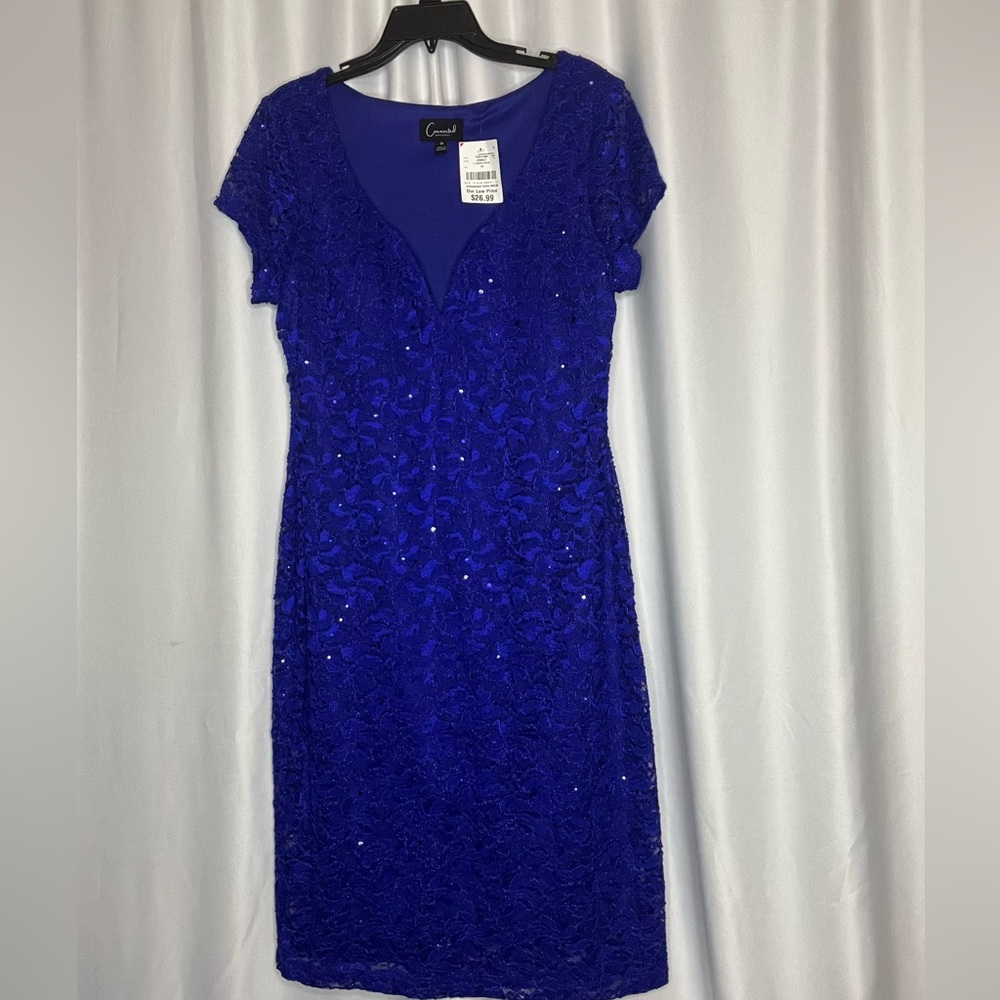 Elegant Sweetheart Neck Sequined Lace Cobalt Blue Dress with Tags - Size 14